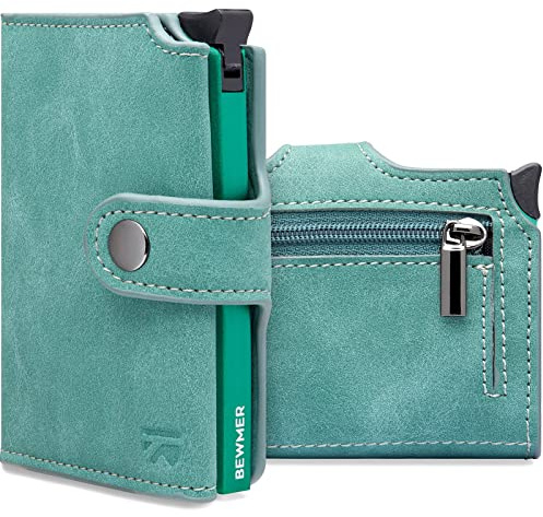 BEWMER v2 Kartenetui mit RFID-Schutz & Anti-Cloning - Damen & Herren Geldbörse mit Münzfach & Platz für 9 Kreditkarten | Kunstleder Portemonnaie Herren & Damen mit Clipverschluss | Türkis-Grün
