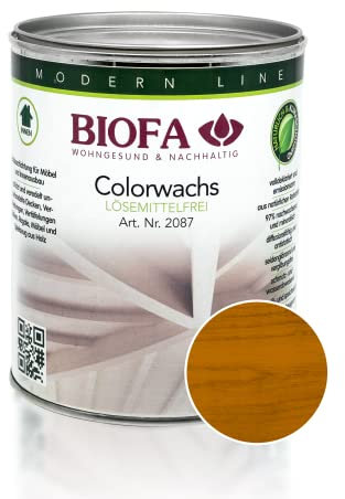 BIOFA Colorwachs lösemittelfrei farbig natürliche Holz-Wachs-Lasur mit Carnaubawachs für Holzdecken, Möbel, Spielzeug Teak 1L