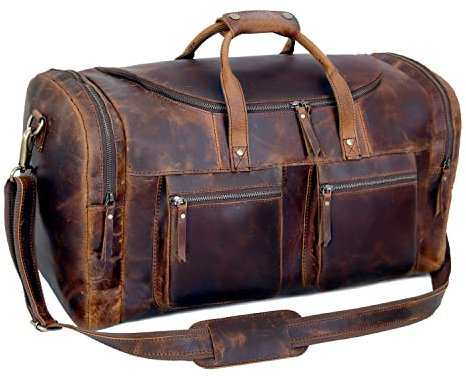28 Vintage Duffel Classic Style with Modern Outlook Retro Thick Full Grain Cowhide Handmade Airplane Underseat Carry On Bags Leather Gym Overnight Luggage Bag (24 inch)