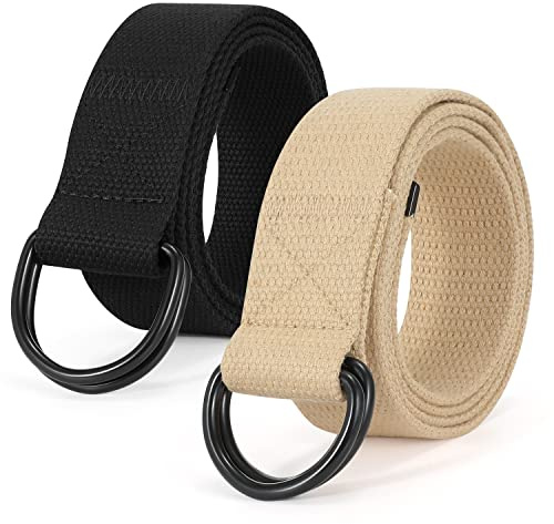SUOSDEY 2 Pack Mens Canvas Belt with Double D-Ring,Durable and Adjustable Casual Web Belt with Metal Buckle for Jeans