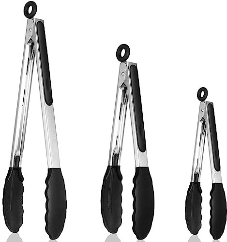 Royouzi Küchenzange, Hitzebeständige Kochzange 3er-Set, Verdickter Edelstahl und BPA-freie Silikonspitzen, Kratzfreie Kochzange Großartig zum Backen Grillen, 18cm,23cm und 30,5cm, Schwarze