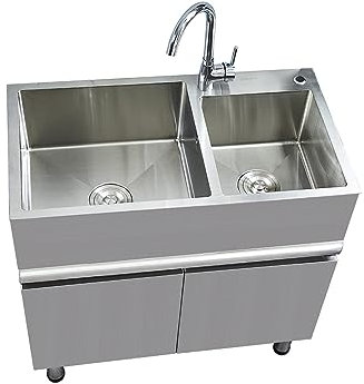 Küchenspüle mit Schrank Freistehendes Spülbecken aus Edelstahl Gewerbliche 2 Becken mit Wasserhahn Lagerregale Abflussbrett Handwaschbecken für Außen Küche Restaurant ( Color : Type B , Size : 81*43*8