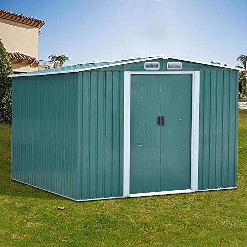 Panana Two Door Metal Garden Shed Tool Storage Sheds Lockable Green/Grey Color (10ft x 8ft Green)
