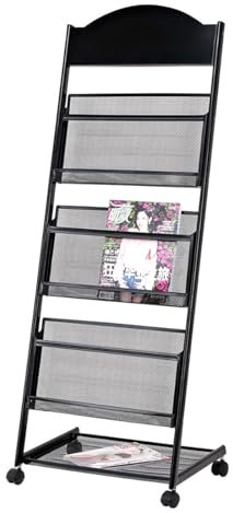 WAOCEO Zeitschriftenständer Bodenstehender Zeitschriftenständer 3-lagig mit Rollen, Prospektständer, hochhartes Metall for Ausstellungen, Büro Prospektständer (Color : Schwarz)