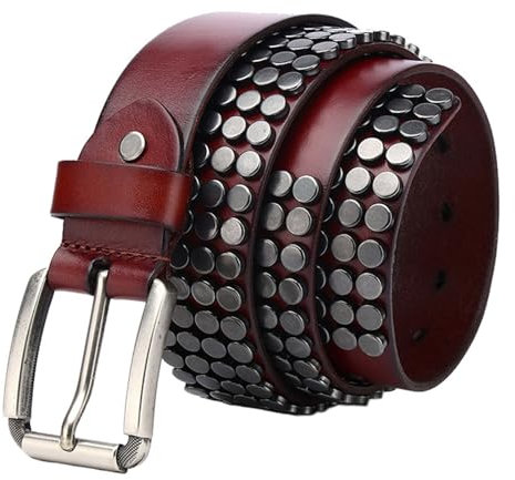 JIARY Ledergürtel Herren, Verstellbarer Gürtel Nietengürtel Damen, Punk Echtledergürtel mit Dornschließe aus Legierung,Reddish brown,115CM/45.3''