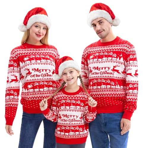 Giggling Getup Jersey navideño familiar a juego, jersey navideño bonito de punto de manga larga, jersey navideño feo negro, Rojo para hombre, L