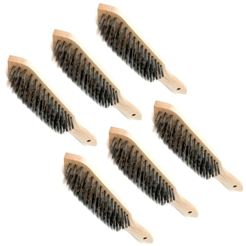 Set of 6 x Wire Brush, Heavy-Duty Handheld Steel Wire Brushes with Wooden Handle - Rust Remover for Metal, Wood, Concrete - Tough Steel Wire Bristles for Paint, Dust, Debris