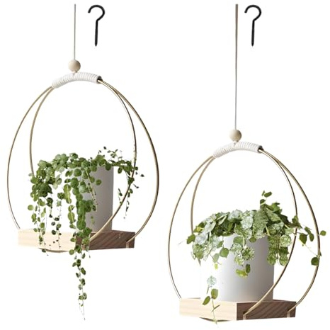 Homeily Hanging Planter, Metal Ring Wood Base Basket Wall Ceiling Decor | Macrame style, window kitchen living, plant flower herb holder, minimalist scandi, stand or hang, interior