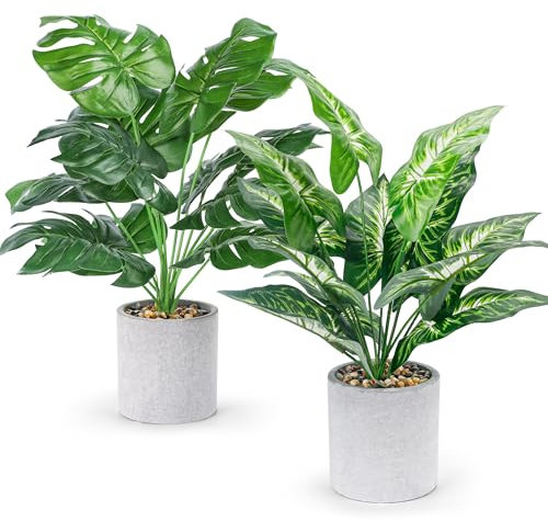 BTSD-home 2Pcs Artificial Monstera Plants Tropical Fake Plants with Pot for Indoor Outdoor Garden Office Home Floor Bedroom Modern Decor