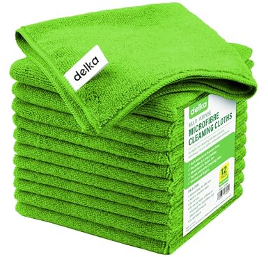 delka Microfibre Cleaning Cloths –Multi-Purpose, Ultra Soft & Lint-Free –Reusable, Streak-Free for Kitchen, Car, Glass, Windows & Electronics (Green,12 Pack)