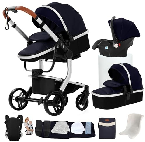 NADDLILY Cuero PU Carrito Bebe 3 en 1, Carrito Bebe con Diseño Portátil Plegable, Carro Bebe 3 Piezas con Empuje Reversible Dos Vías, Cochecito Bebe 3 Piezas con Accesorios (L518 Silver Blue)