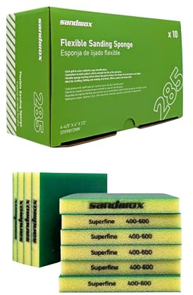 Sandwox 285 Schleifmatte Grün SUPERFEIN P400 – 10 Stück | Zweiseitig, 120x98x12mm | Für Holz, Metall, Lack | Flexibler Schleifschwamm für Feinschliff und Lackiervorbereitung