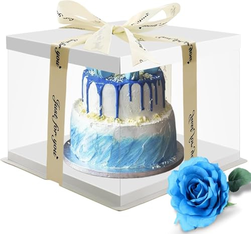 Xunerloy Transparente Tortenbox 10 INCH, Tortenkarton Hoch Tortenschachtel Geschenkbox Durchsichtig Cake Box Dessert Box Würfelschachteln mit Deckel und Band für Geburtstag Geschenk 30x30x25cm
