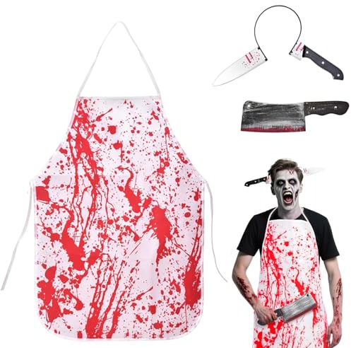 Disfraz de Carnicero de Halloween Hombre Mujer, Set Completo con Delantal Sangriento, Diadema con Cuchillo y Cuchillo de Utilería, Disfraces Halloween Terror Adulto para Fiesta, Cosplay, Carnaval