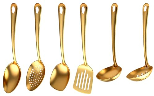 RANJIMA Gold Lot de 6 ustensiles de cuisine en acier inoxydable avec revêtement en titane avec cuillère de service, cuillère, spatule, couverts dorés