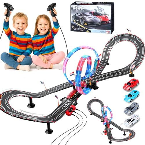 Charmofun Pista Carreras Electrica, 50km/h Iluminado Pista Coches Niños 1:64 Pista Autos -4 LED Coches, Bucle 360°, Euroconector, Contador Vueltas, Circuito Coche Niños 3+ Años Juguete Regalos (L)