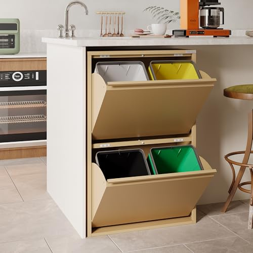 VEEHAUS Küchen Mülltrennsystem, Metall Müllschrank, 4 Klappfächer 4 x 15 L | Freistehend & vormontiert, 4 einzeln öffenbare Klappen, Magnetische Front, Herausnehmbare Eimer, 60L Vory