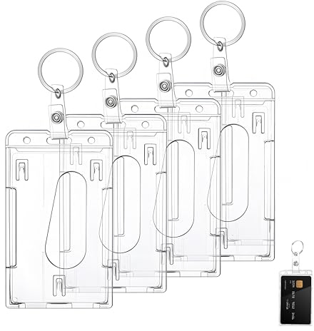 4 Porta Tarjetas Colgante Diáfano, Portatarjetas de Identificación duro Protector de Tarjetas Transparente Ranura Tira de goma con anillo para Tarjeta de Identificación y de Estudiante(vertical)