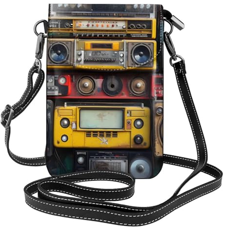 BROLEO Vintage Wall of Radio Boombox printing Ladies' mobile phone with leather foreskin, crossbody flip cover, small adjustable shoulder strap