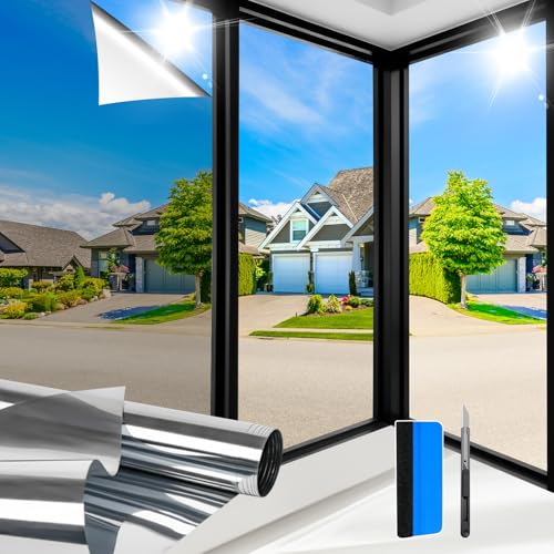 Zindoo Hitzeschutzfolie Fenster Fensterfolie Spiegelfolie 30 x 200 cm | Sichtschutz Einseitig Blickdicht, UV-Schutz Silberne Sonnenschutzfolie, für schmale nach außen gerichtete Fenster