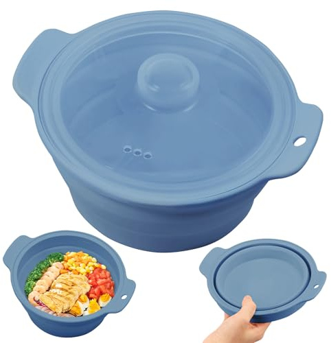 Vaporera de silicona para microondas, para verduras, pescado, comida para bebés, cuenco plegable de 1,25 L, olla para microondas con tapa, horno y lavavajillas para preparar comidas (azul)
