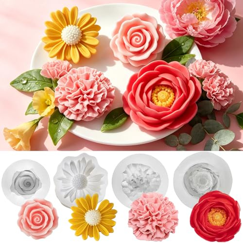 4 Stück Pfingstrose Blume Kerzenform Silikon,Silikonform Blumen,Frühling Kerzen Kerzenformen,3D Pfingstrose Silikonform,Rosen Nelke Chrysantheme Pfingstrose für Muttertag Valentinstag
