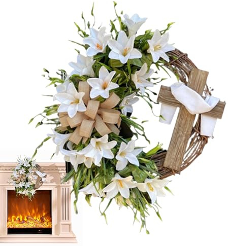 Ghirlanda floreale per porta - Decorazione primaverile con croce di giglio bianco, ghirlanda stagionale per esterni premium, elegante espositore per porta d'ingresso, accento festivo per la casa