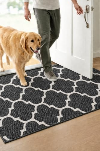WELLTURN 50×80cm Zerbino Ingresso Interno Antiscivolo e Assorbente, Tappeto in Microfibra Lavabile con Base in Gomma per Cucina, Bagno, Porta e Animali, Floreale Nero