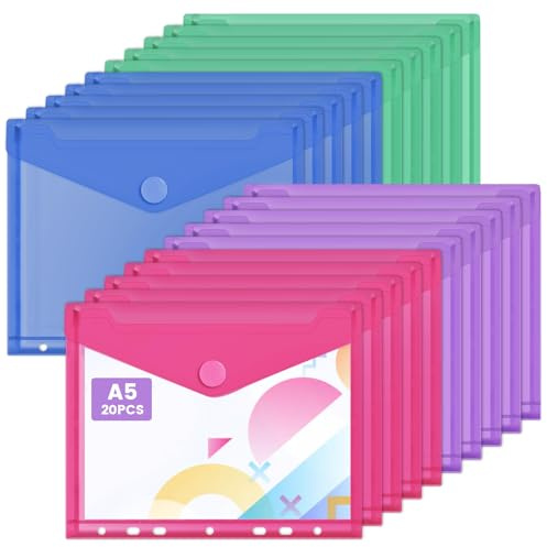 20 Stück Dokumententaschen A5 zum Abheften, 5 × 4 colors Wasserdichte Klarsichthüllen A5 Dokumentenmappe mit 7 Löchern und Klettverschluss, A5 Ordner Transparent für Dateien Karten Dokument