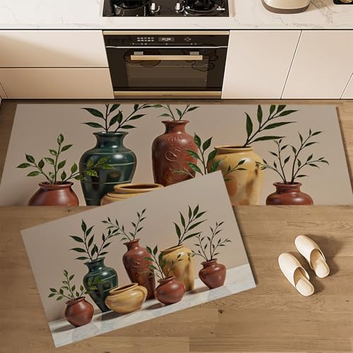 MULERN Conjuntos de Alfombras de Cocina, Cerámica Vintage Jarrón De Cerámica, 2 Piezas Alfombra Antideslizante Lavable para Baño/Cocina, Alfombra para Piso Que Atrapa el Agua, 40x60cm+40x120cm