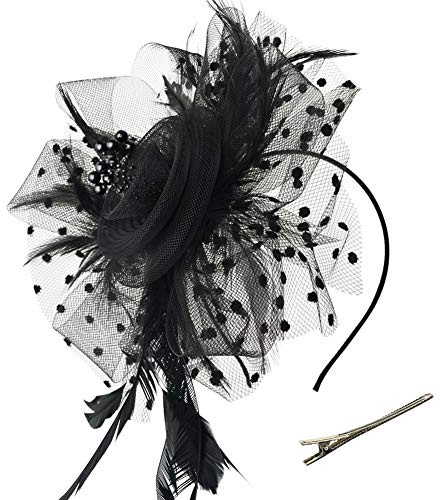 DRESHOW Fascinators Hat Flower Mesh Ribbons Feathers on a Headband and a Clip Tea Party Headwear for Girls and Women