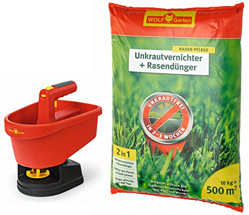 WOLF Garten Universal-Streuer WE-B; 5455000 + Unkrautvernichter Plus Rasendünger SQ 500; 3840652 (10 kg für 500 m²)