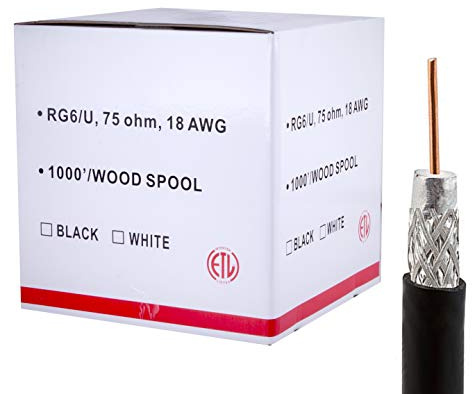 Five Star Cable RG6 UTP 1000 ft Shielded Coaxial Cable ETL Listed for use with Audio, Video, and CATV/MATV Transmission. Black (1000 Ft, Black)