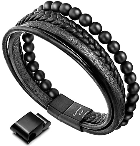 Murtoo Leder Armband für Herren - Naturstein Geflochtenes Schmuckstück aus Schwarzem Onyx - Wunderbares Geschenk