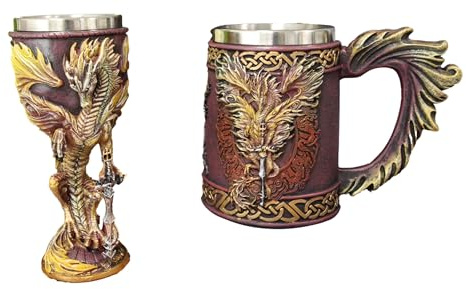 Ebros Gift Ruth Thompson Dragon's Lair Winged Dragon With Divine Sword Drinking Mug Tankard And Wine Goblet Chalice Set With Stainless Steel Liner Medieval Dungeons Dragons Alchemy (Flame Blade Drake)