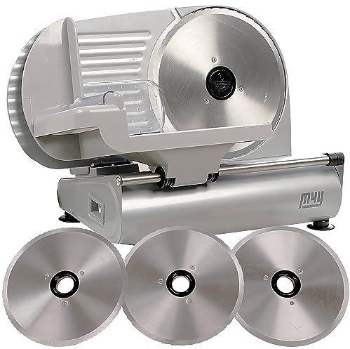 M4Y Meat Slicer | X Large Heavy Duty 22cm Diameter Electric Food Deli Cheese Bread Specialist Cutting Machine | Includes 3 X Interchangeable 22cm Stainless Steel Blades