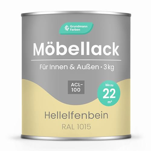 Grundmann Möbellack ACL 100 - Beige 3 Kg - Lösemittelfrei & Geruchsarm - 4in1 Möbelfarbe inkl. Grundierung - Innen und Außen - Für Holz, Metall & Kunststoff - RAL 1015 Hellelfenbein