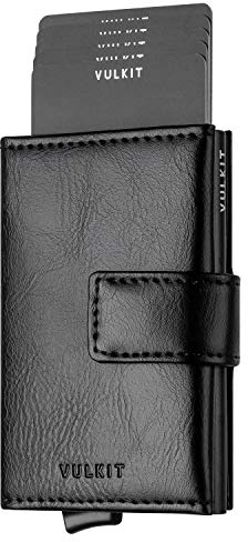 VULKIT Kreditkortshållare RFID Blocking Pop Up Leather Slim Mens Women Plånbok med Sedelfickor Aluminium Korthållare