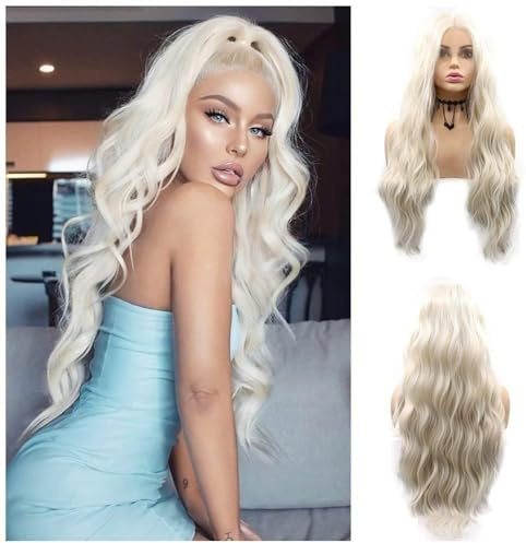 60# platina blond vattenvåg spets framsida peruk - syntetiskt vågigt ombre hår för kvinnor - värmebeständigt Daenerys cosplay festperuk 60 tum