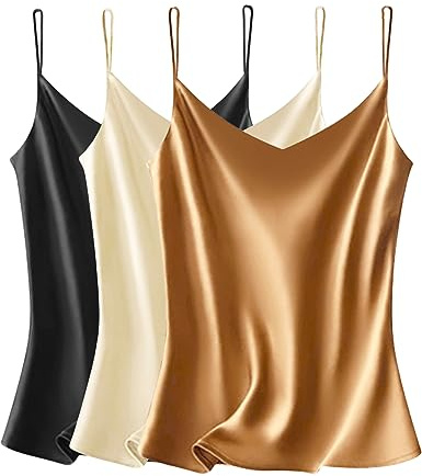 VIDUSSA Débardeurs Femmes Chemise Satin sans Manches Chemisiers Col V Blouse Haut T-Shirt Cami Tops 3 Pack BCHK L