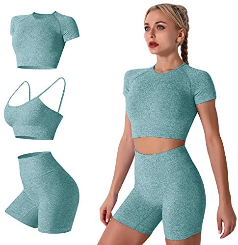 IMEKIS Damen 3 tlg Fitness Set Sport-BH mit Crop-Top und Shorts Nahtlose Yoga Kleidung Fitness Workout Outfit Frauen Slim Fit Sommer Biker Activewear Laufanzug Dunkelgrün M