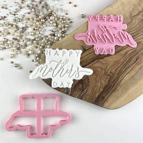 LissieLou Happy Mother's Day Style 3 Cookie Cutter and Stamp Icing Stamp Fondant Embosser Mother's Day Theme - Light Pink