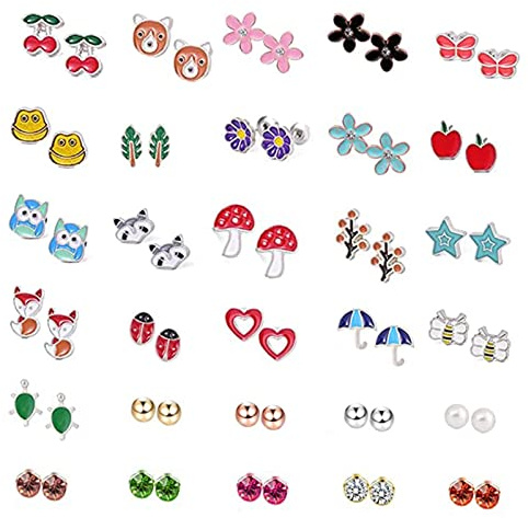 30 Pairs Girls Earrings Set, Stainless Steel Cute Stud Earrings | Animals, Flowers, Pearl Earrings, Best Gifts for Teens Girls Women