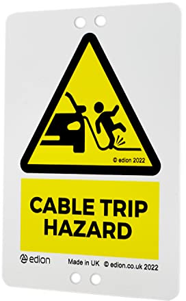 Edion EV Cable Pavement Trip Hazard Warning Sign | Attaches to EV cable - Alert pedestrians to pavement trip hazards – Double sided Foamex - Removeable - Use Outdoors