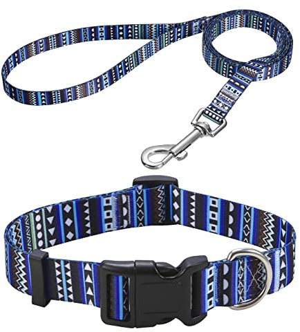 Mihqy Hundehalsband und Leine Set, Verstellbares, Weich & Komfort Nylon Hunde Halsband für Kleine Mittlere Große Hunde Welpen Katzen(Böhmische Blau Set,L)