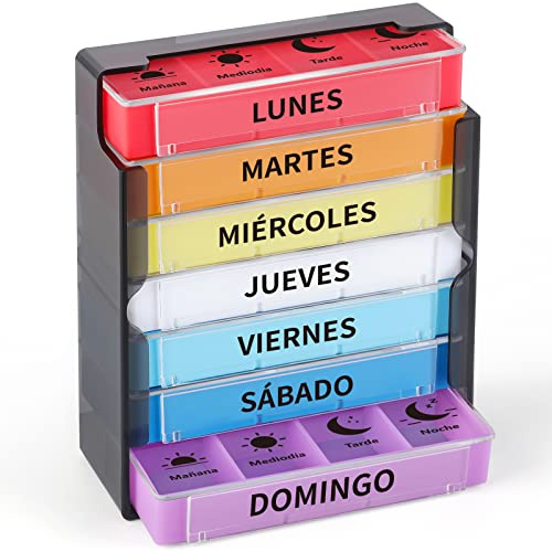 Opret Pastillero Semanal 4 Tomas Español, Pastillero Viaje con 28 Compartimentos, Pastillero Diario y Dispensador Comprimidos para Viaje