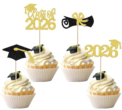Xsstarmi 36 Pack 2026 Graduation Theme Cupcake Toppers Gold Glitter Class of 2026 Grad Cap Diploma Cupcake Picks for 2026 Graduation Theme Party Cake Decorations