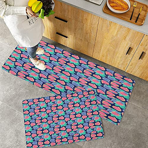 2 Piece Non-Slip Kitchen Mat,Fruit Repetitive Style Pattern of Ripe Figs and Leaves in Colorful Design Print Dark Blue Multi,Rubber Backing Doormat Kitchen Floor Mat Runner Rug Set 40x60 cm+40x120 cm