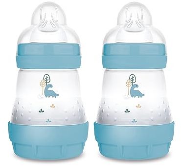 MAM Easy Start Anti-Colic babyflaska i en uppsättning om 2 (160 ml), särskilt väl accepterad mjölkflaska, babyvattenflaska med golvventil mot kolik och nappstorlek 1, 0+ månader, dino, blå