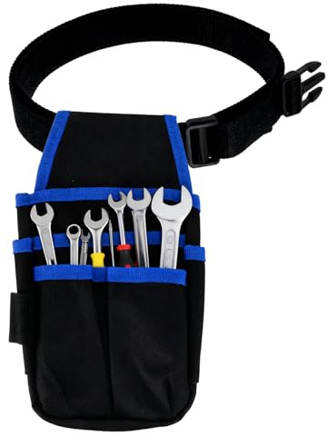 Tissting Werkzeuggürtel mit 1,2m Gürtel, 13 x 25 cm 6 Taschen 600D Oxford Stoff Arbeits Gürteltasche Klein Werkzeugtasche Belt Tool Bag für Schreiner, Elektriker, Techniker, Blau Rand